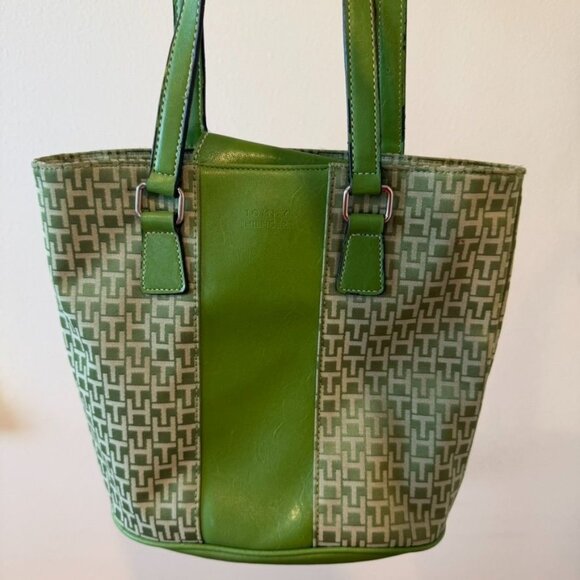 Vintage Tommy Hilfiger Y2K Monogrammed Jacquard Leather Trim Green Tote Bag - Picture 3 of 7